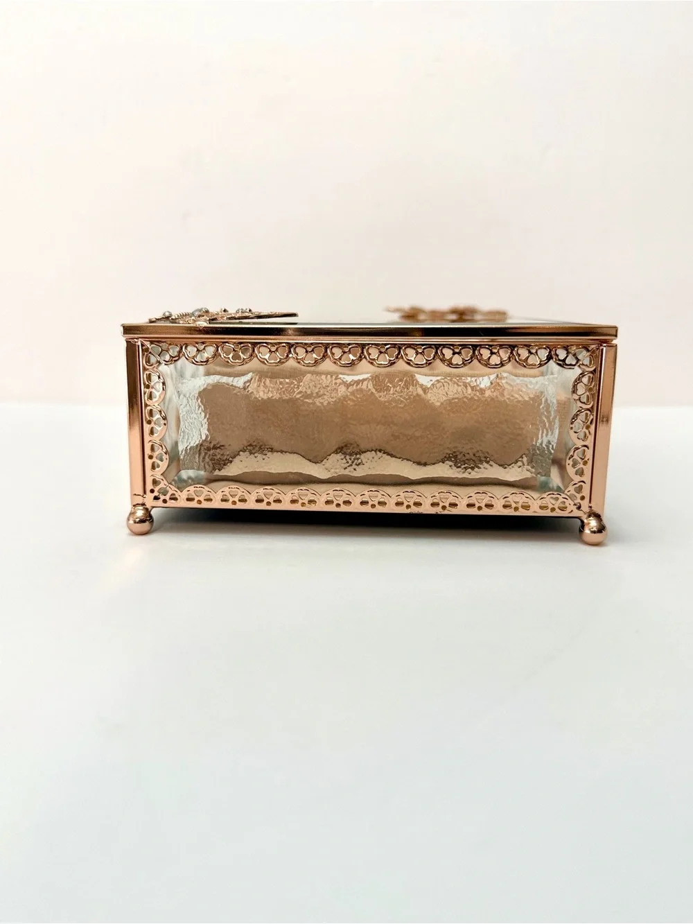 Rose Gold Glass Jewelry Box Butterfly Floral Design Ring Organizer Display Case